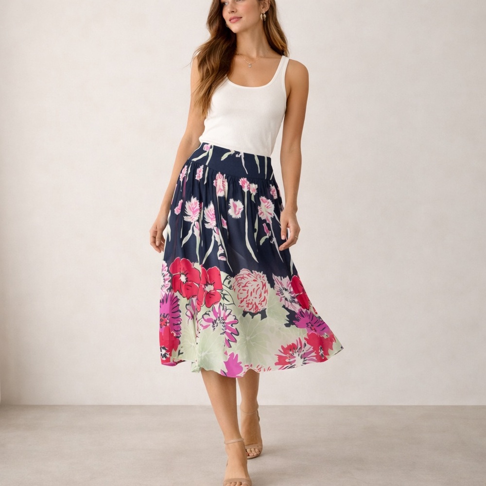 St John Collection Silk A Line Skirt Floral Navy Pink Size 10